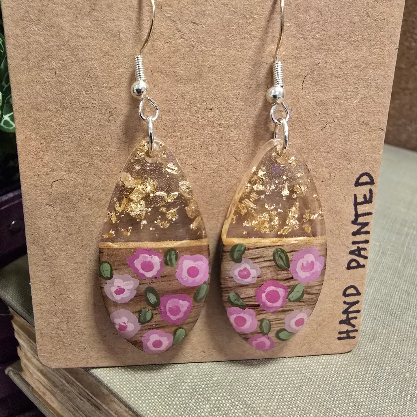 Pink Flowers Painted Earrings