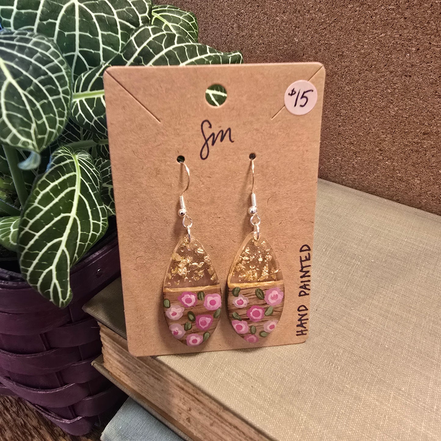 Pink Flowers Painted Earrings
