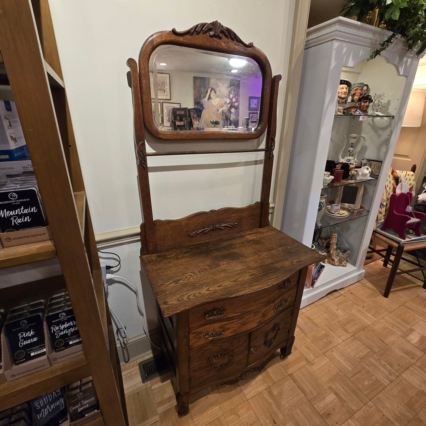 Antique Oak Wash Stand with Mirror