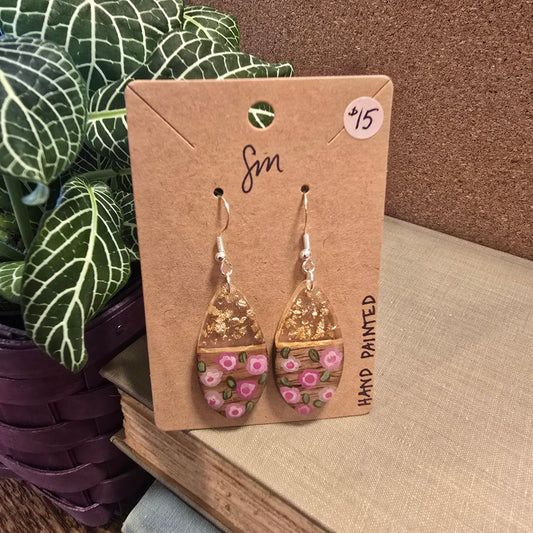 Pink Flowers Painted Earrings